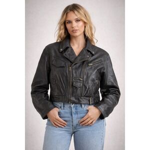 Forenza Vintage Black Leather Cropped Moto Biker Jacket Belted Zip Pockets XL